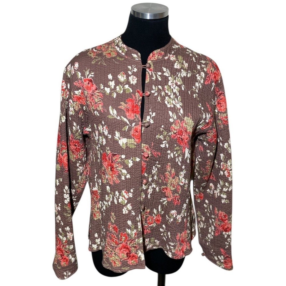Orvis Jacket Women XL Quilted Cotton Brown Floral Buttons Cottagecore Vintage